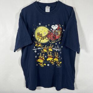 Vintage Peanuts Christmas T Shirt Mens XL Navy Snoopy Woodstock Gildan Heavy